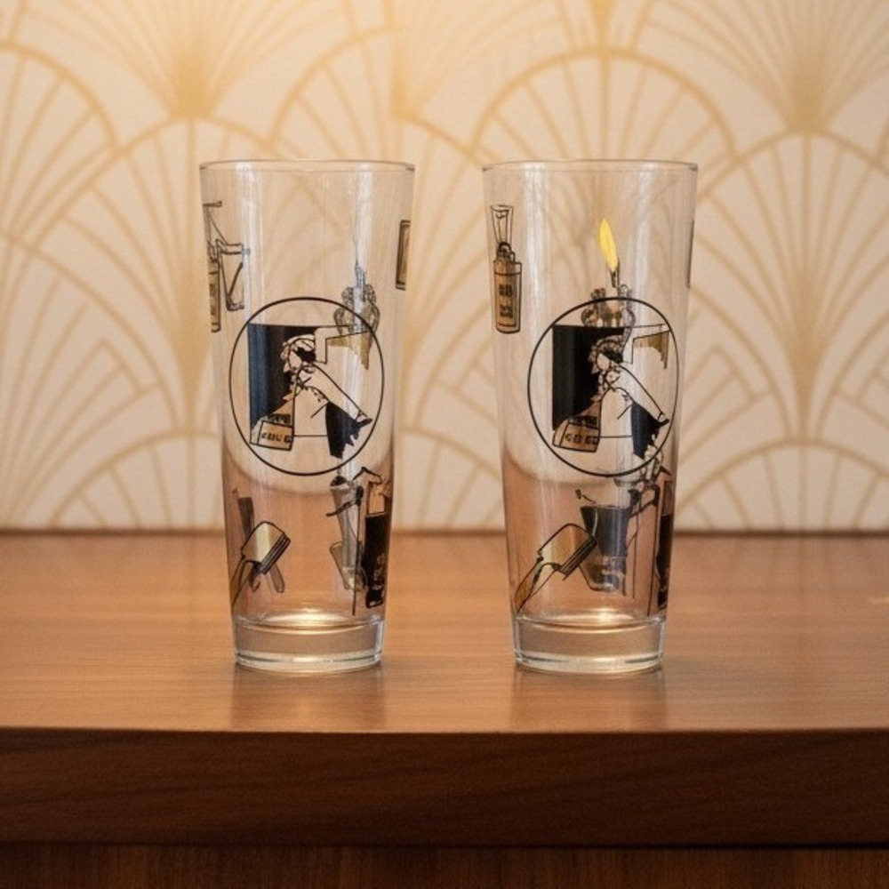 Fuller Brush Swanky Swig Tumblers, Set of 2, Vintage Black Gold Highball Glasses